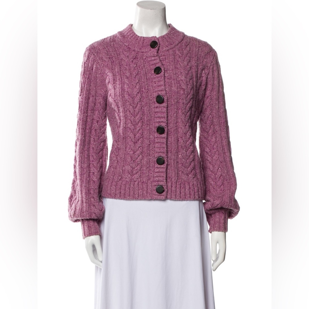 SEZANE Purple Cable Knit Crewneck Merino Wool Button Cardigan Sweater La Maille